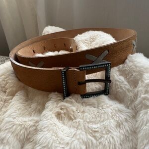 Streets Ahead Tan Leather Belt Turquoise and Grey accents